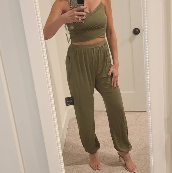 Lulus Pants - Lulu's Olive Green Two-Piece Jumpsuit Set